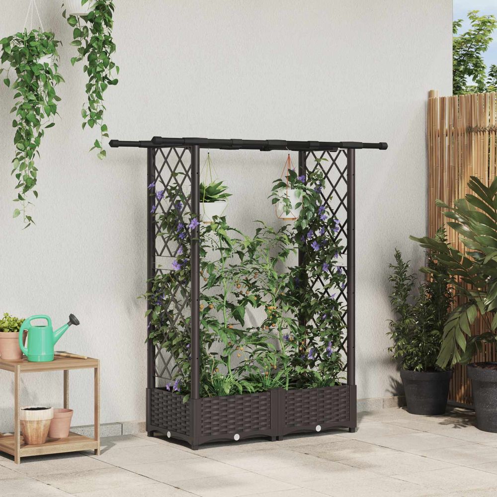 Jardinière surélevée polypropylène avec treillis toit plat pour végétaux marron