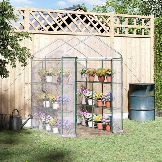 Serre de jardin en acier pvc transparent 143 x 143 x 195 cm 8 étagères porte zippée - comfortxl outdoor living