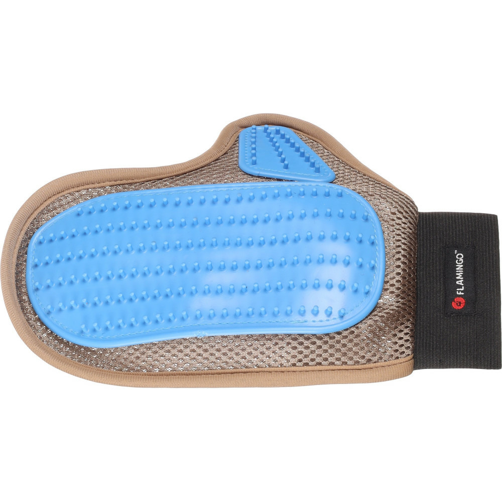 Gant de brossage picot plastique taupe et bleu pour chien et chat