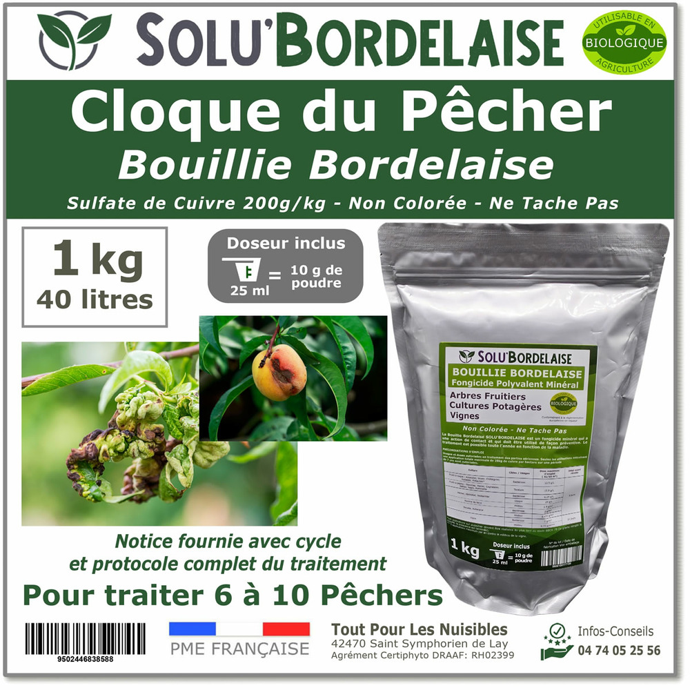 Solu'Bordelaise - Cloque du Pêcher - 1 kg de Bouillie Bordelaise Non Colorée - Polyvalent-Sulfate de Cuivre 200 g/kg - Doseur Inclus