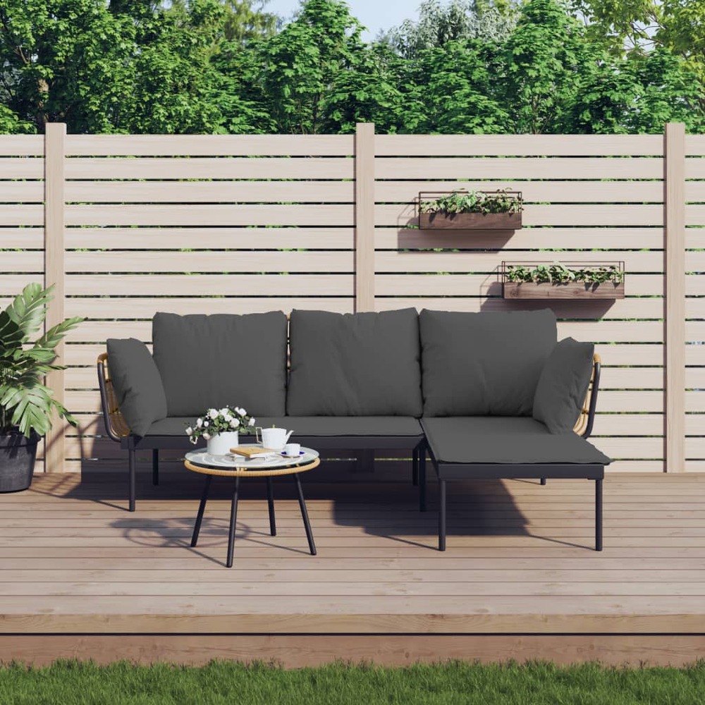 Salon de jardin 3 pcs avec coussins gris foncé résine tressée