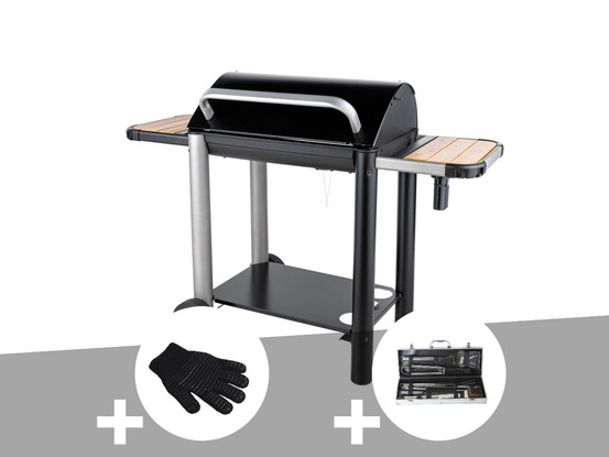 Barbecue charbon vulcano 3000 + gant de protection + malette 8 accessoires inox