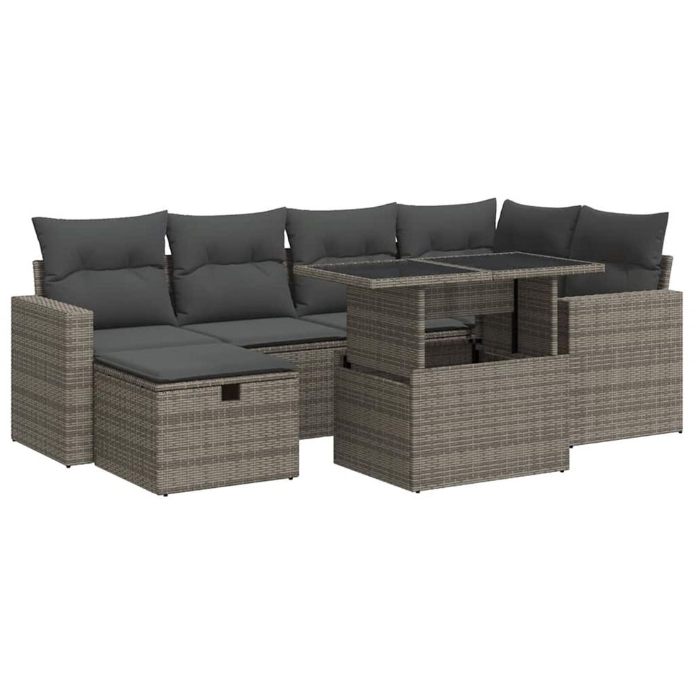 Salon de jardin avec coussins 7 pcs gris résine tressée
