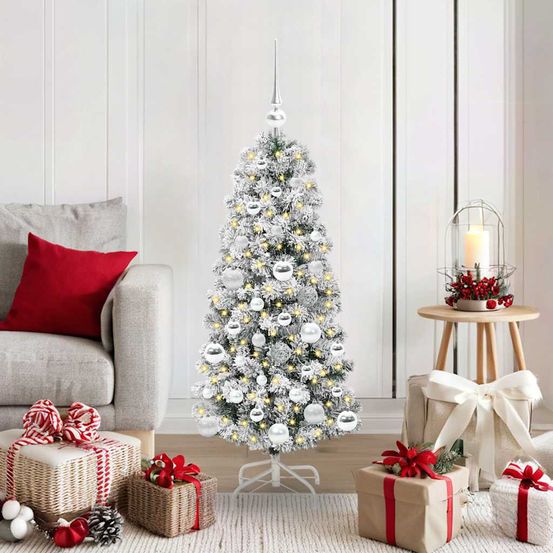 Sapin de noël décoré et lumineux 120 cm, pvc vert, guirlande 8 modes et 61 boules incluses