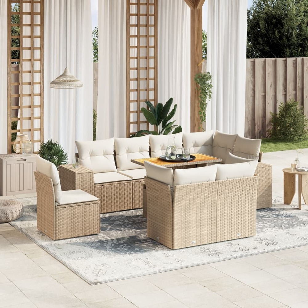 Salon de jardin avec coussins 9 pcs beige résine tressée