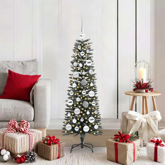 Arbre de noël forme cône 120cm vert avec guirlande led et ornements inclus