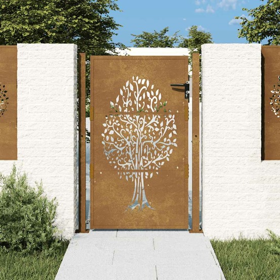 Portail de jardin 100x125 cm en acier corten avec motif arbre