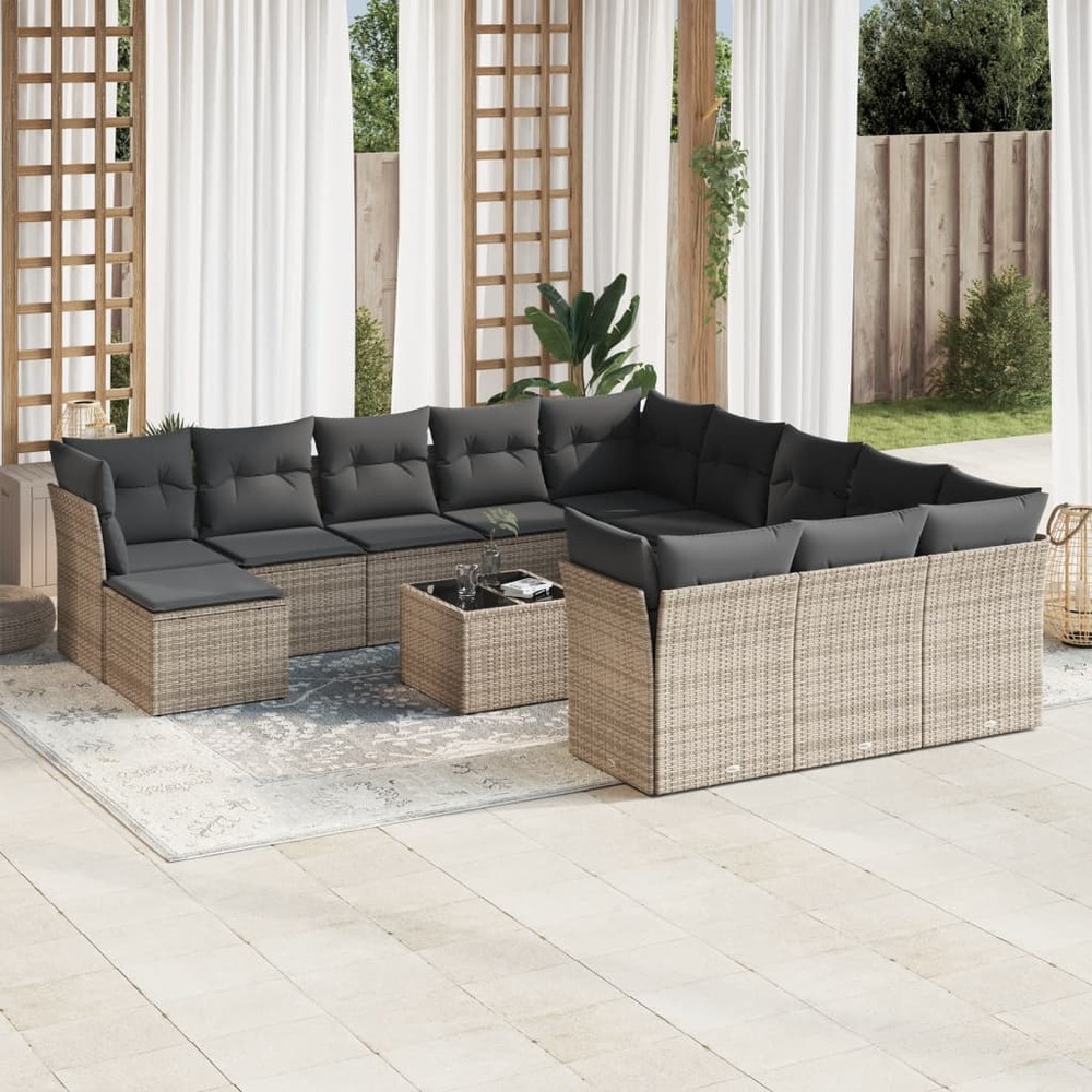 Salon de jardin avec coussins 13 pcs gris résine tressée