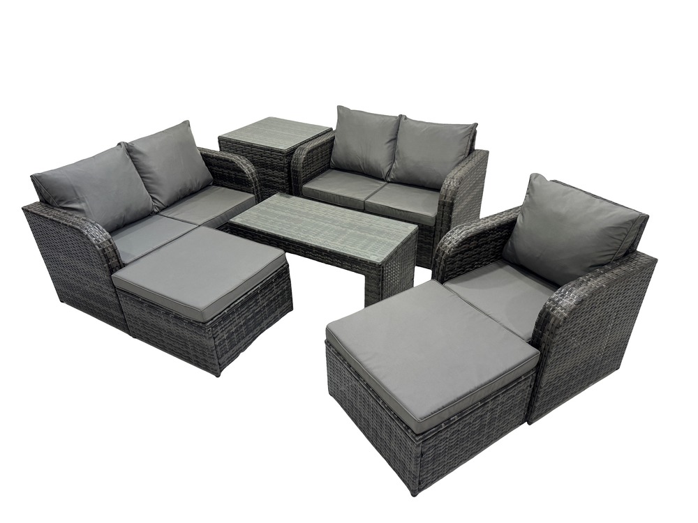 7 pcs ensembles de salon de jardin avec table d'appoint 2 grand tabourets gris foncé mixte