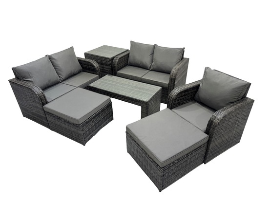 7 pcs ensembles de salon de jardin avec table d'appoint 2 grand tabourets gris foncé mixte