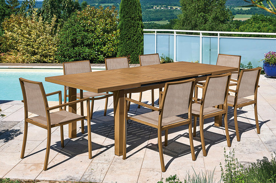 Table de jardin extensible 8/10 personnes Santorin effet teck naturel JARDILINE
