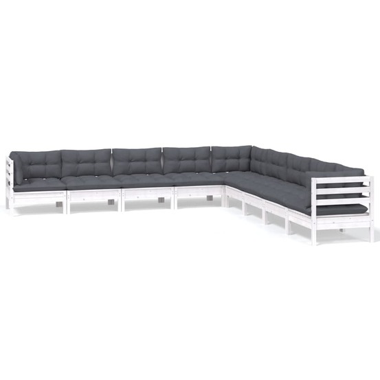 Salon de jardin 9 pcs avec coussins blanc bois de pin massif