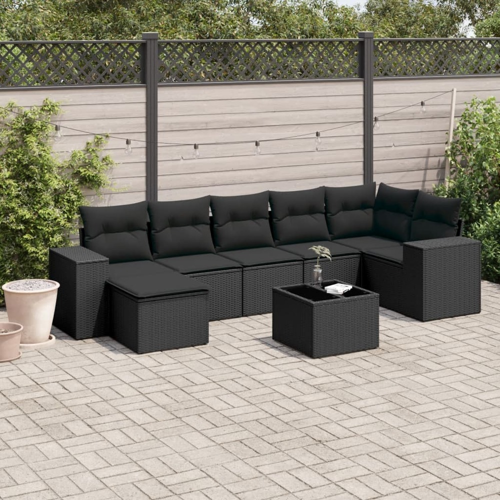 Salon de jardin 8 pcs avec coussins noir résine tressée