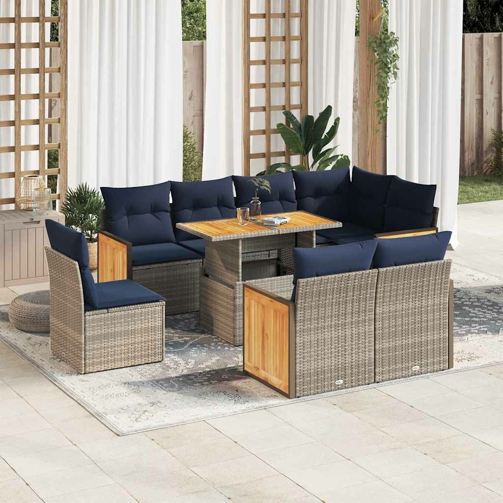 Salon de jardin avec coussins 9 pcs gris résine tressée acacia