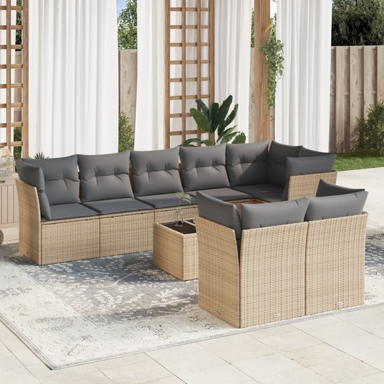 Salon de jardin avec coussins 9 pcs beige résine tressée