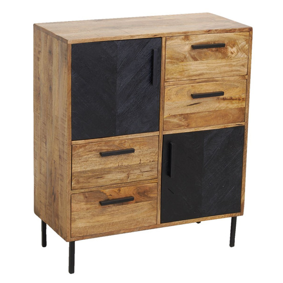 Commode en manguier naturel et teinté noir damier 2 portes + 4 tiroirs