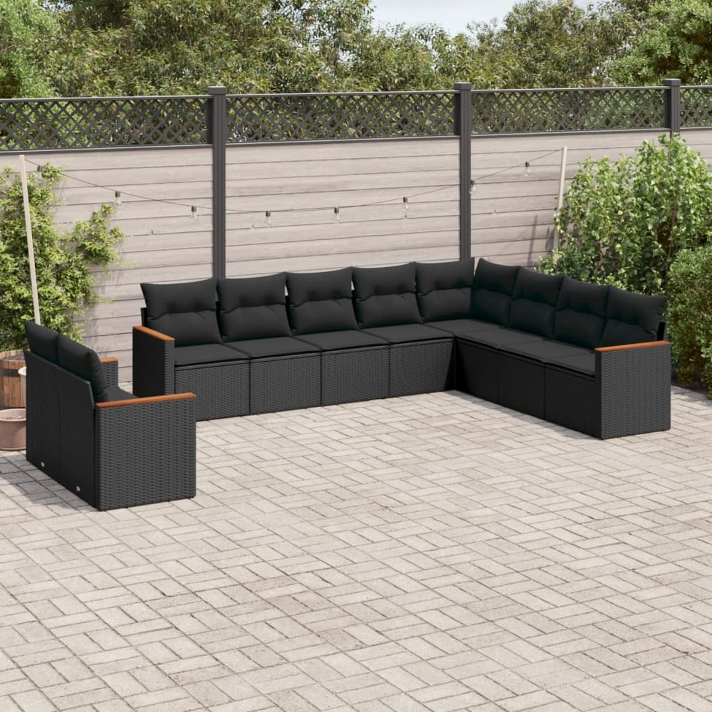 Salon de jardin 10 pcs avec coussins noir résine tressée