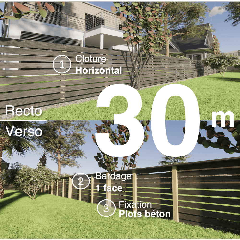 Kit clôture bois moderne 30m – h 0,9m – 20 x 70 mm noir par trempage – pose horizontal – simple face – à sceller