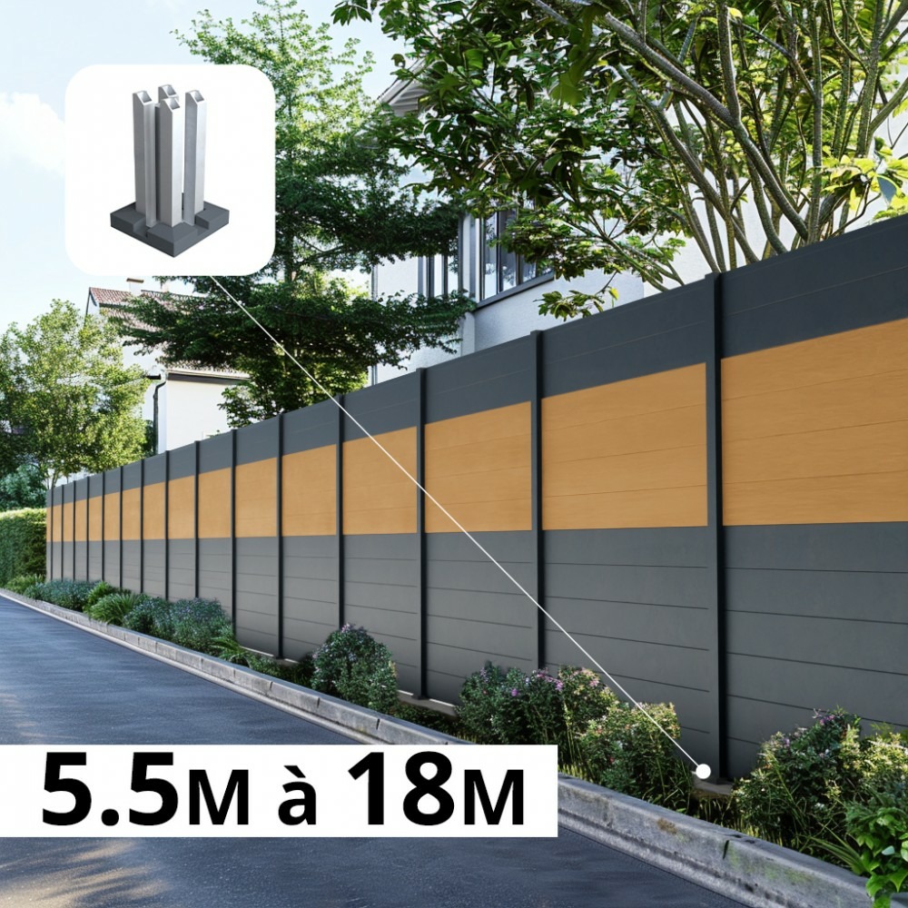 Kit clôture aluminium poteau sur platines - bahia & cruz cèdre h-1,8m