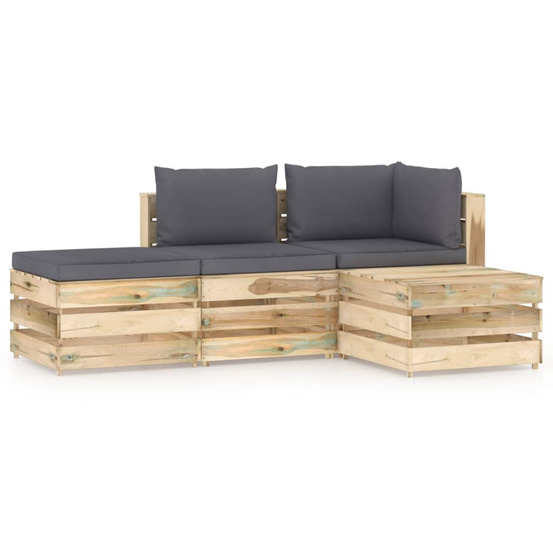 Salon de jardin 4 pcs avec coussins bois imprégné de vert