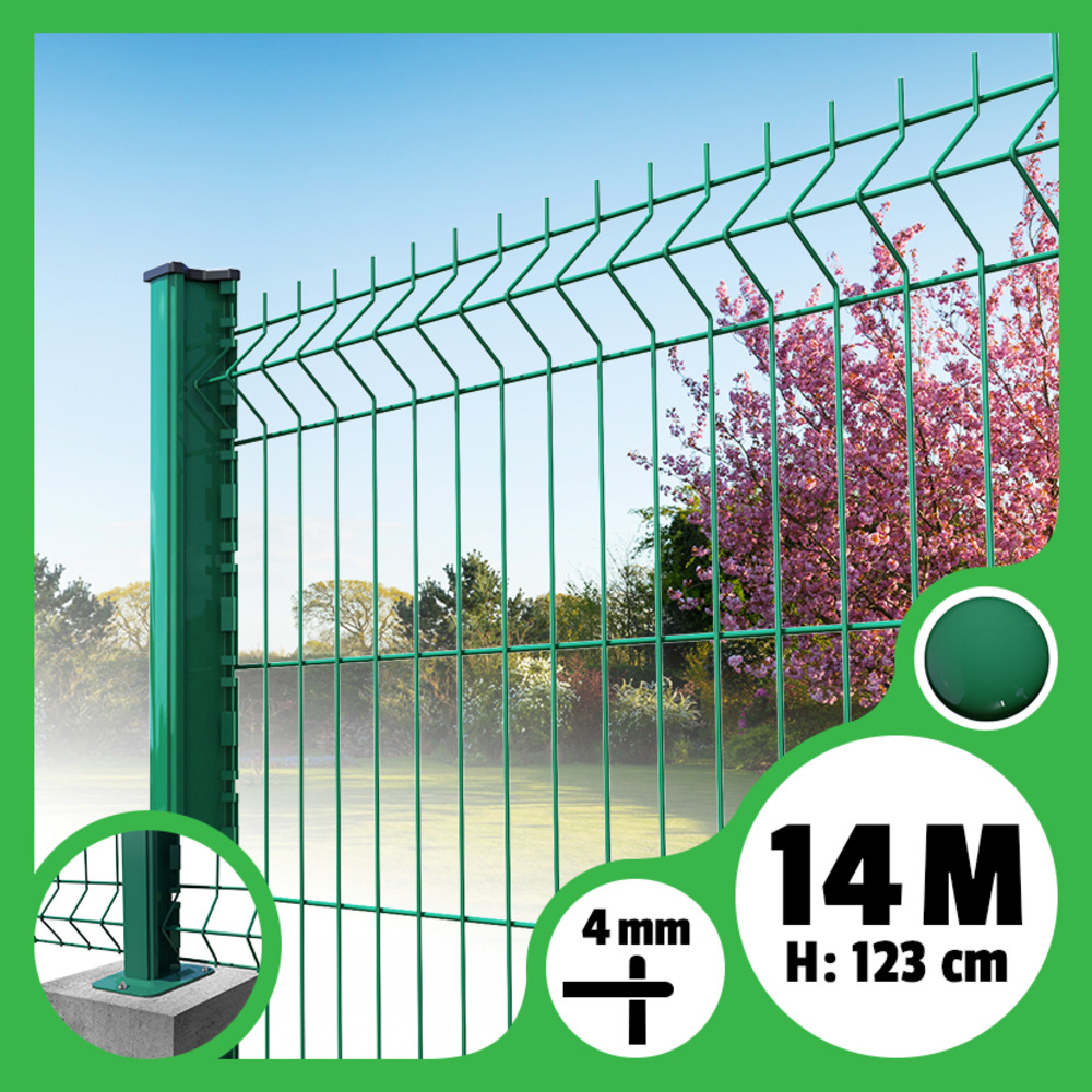 Kit grillage rigide poteaux h - longueur 14 mètres - 123 cm, vert, a visser sur platines