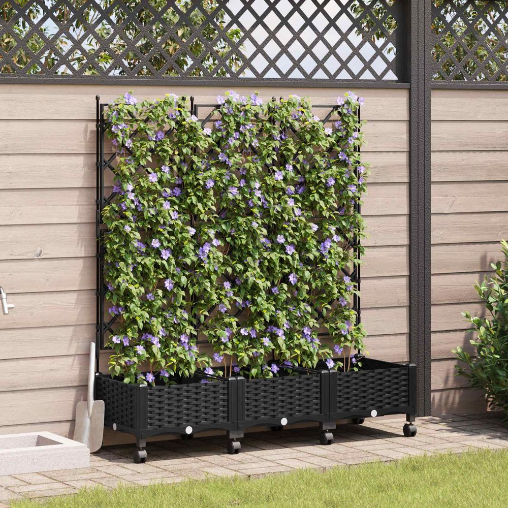 Grand bac fleur treillis roulettes extérieur jardin aménagement 120x40x131cm noir