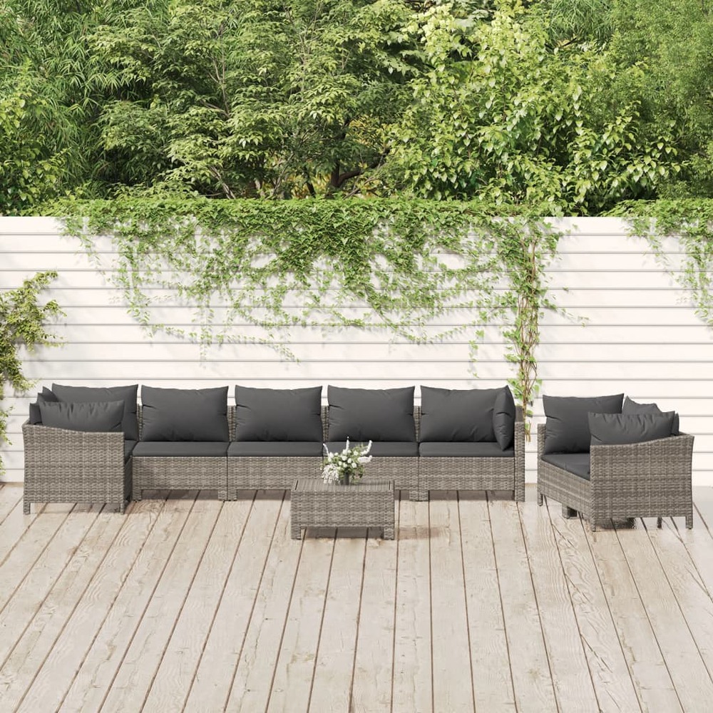 Salon de jardin 9 pcs avec coussins gris résine tressée