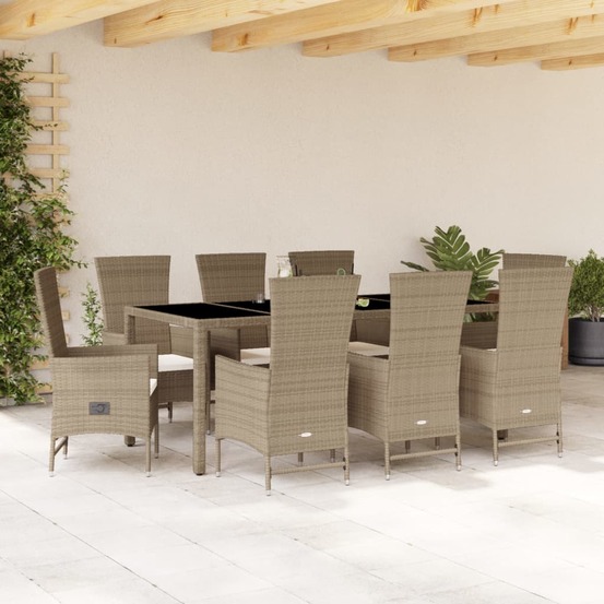Ensemble à manger de jardin et coussins 9 pcs beige poly rotin