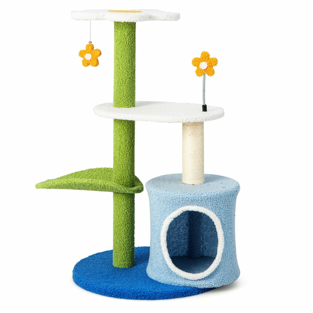 Arbre à chat en forme de fleur 87 cm avec niche et griffoirs en sisal naturel tour à chat 5 niveaux avec boules de peluche 20