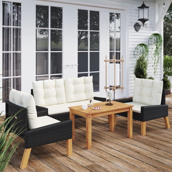 Salon de jardin 4 pcs et coussins résine tressée et bois massif