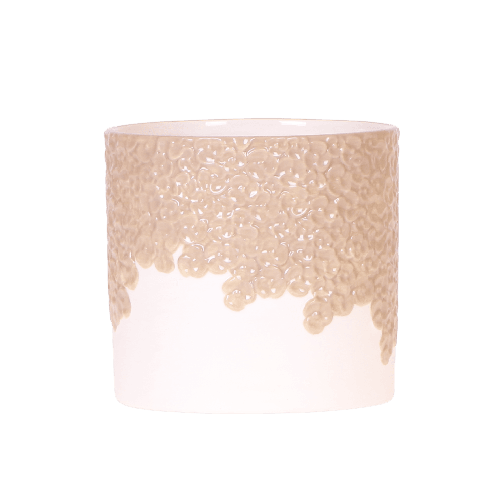 Cache-pot céramique en relief floral - courbes douces et coloris tendres - pot de 12cm - sable