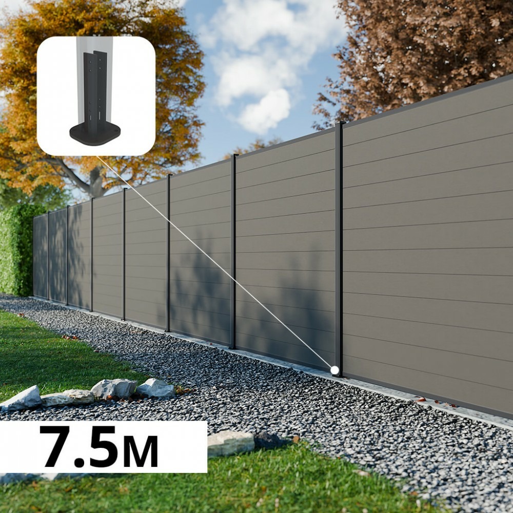 Kit clôture composite rio platines 7,5x1,8m - bois composite & aluminium - poteaux sur platines gris - brise vue - palissade