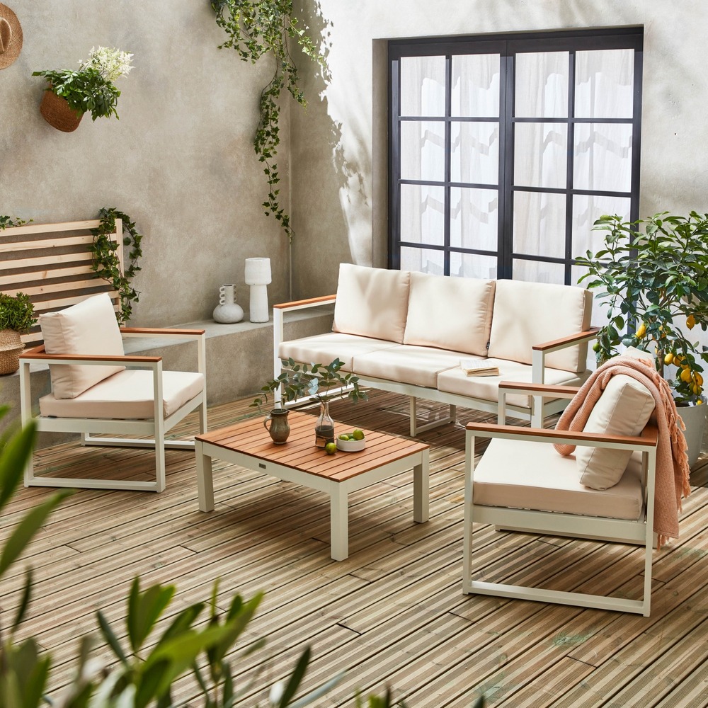 Salon de jardin 5 places en aluminium et eucalyptus – nazca – structure blanche. Coussins beiges