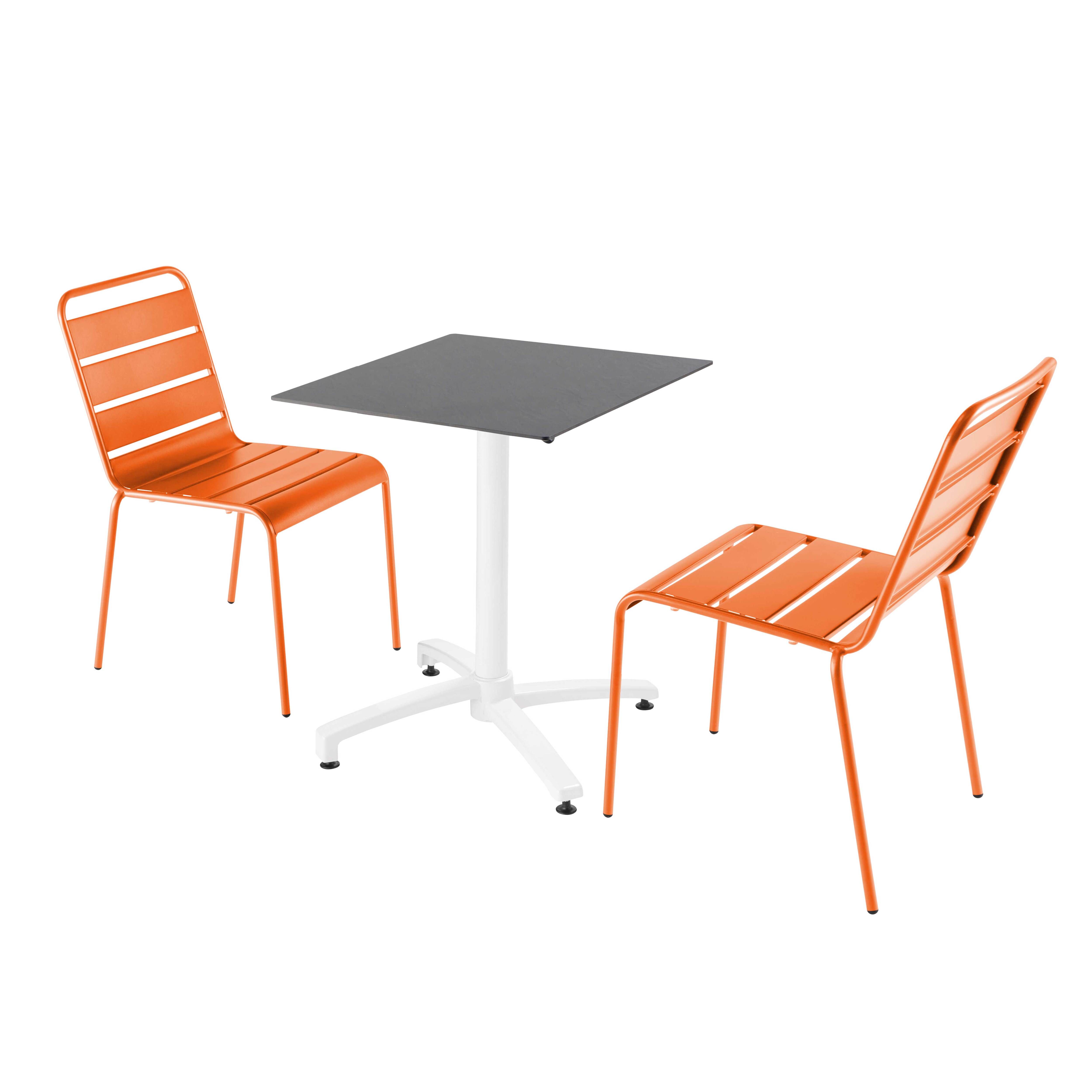 Ensemble table de terrasse stratifié ardoise et 2 chaises orange