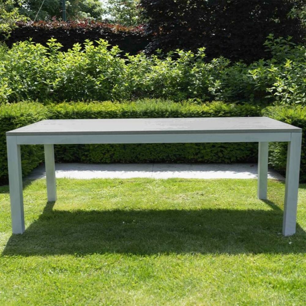 Table tampa fixe 8 personnes structure aluminium blanche, plateau en aluminium décors bois gris