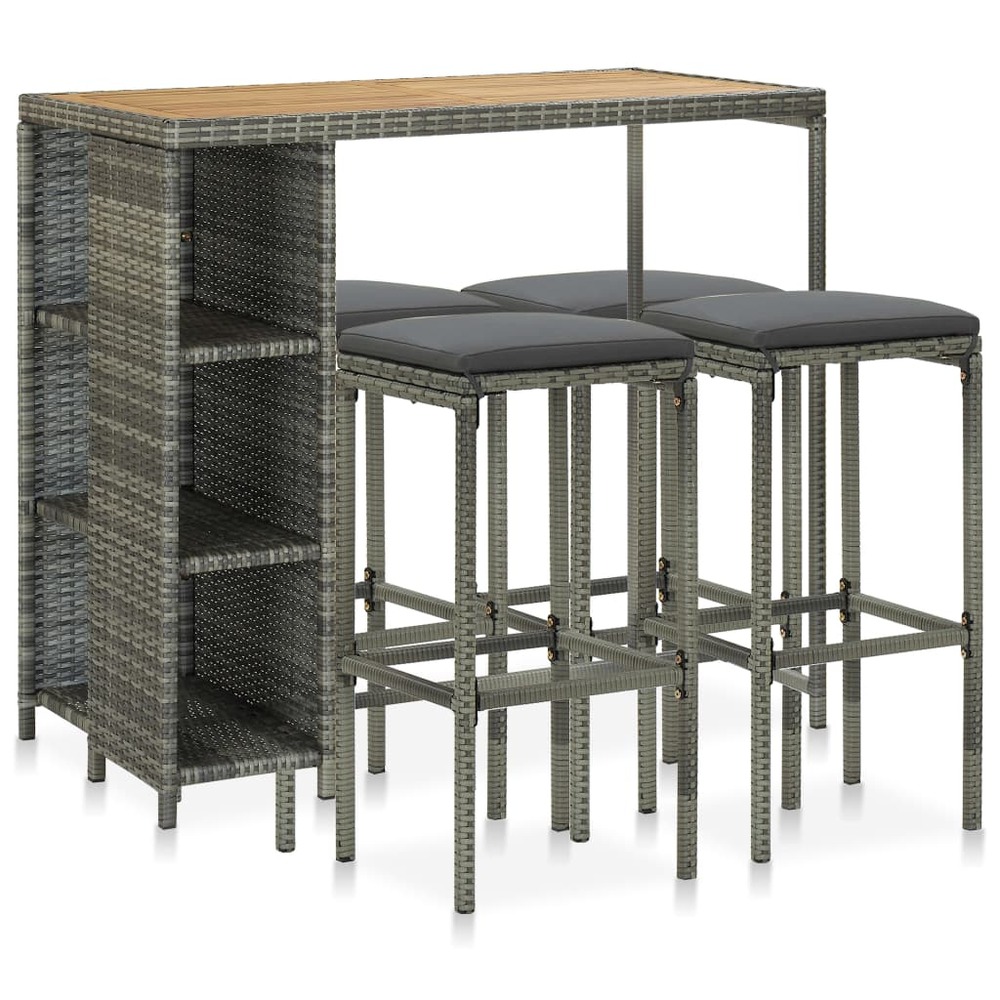 Meuble de bar de jardin 5 pièces et coussins résine tressée gris
