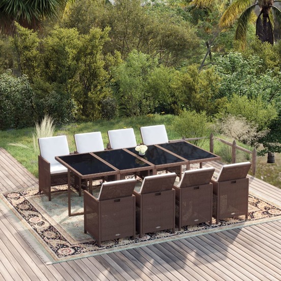 Ensemble à manger de jardin et coussins 9 pcs poly rotin marron