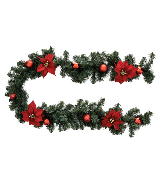 Guirlande artificielle sapin avec déco boules rouge et poinsettia rouge l 200 cm