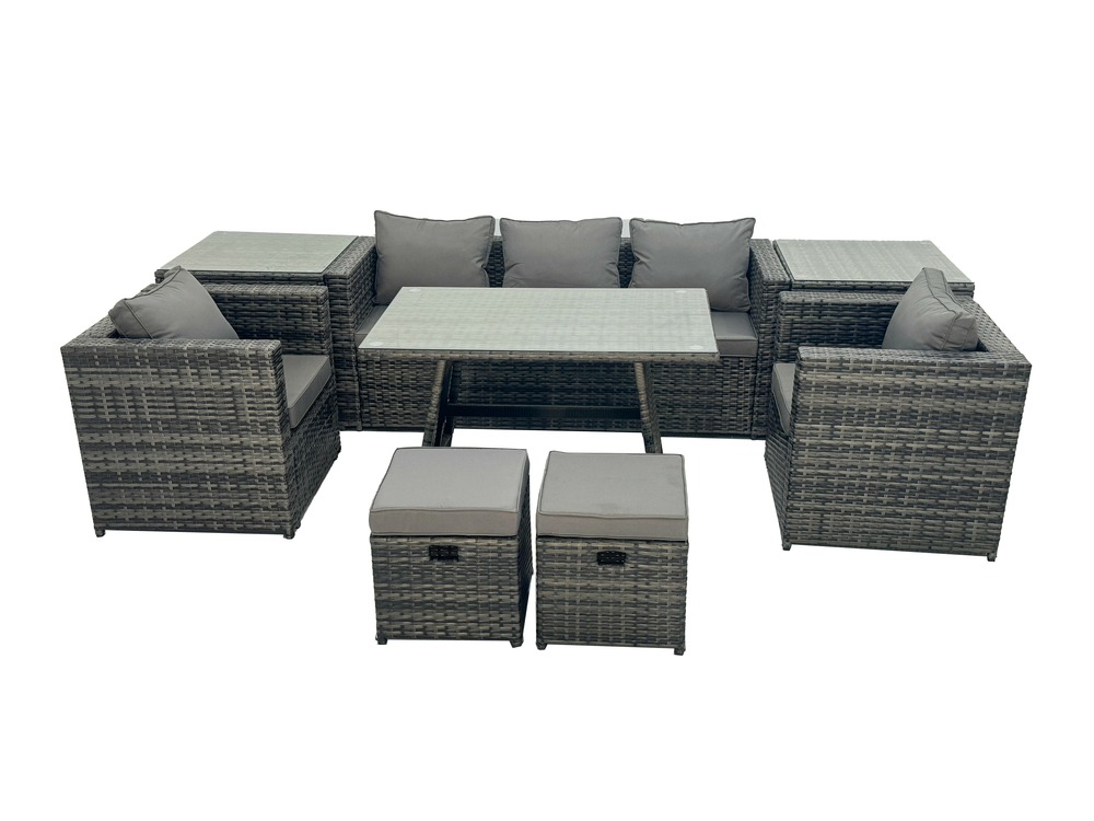 Salon de jardin en résine tressée avec table à manger 2 fauteuil 2 tables d'appoint 2 petits tabourets gris foncé mixte