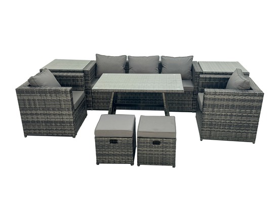 Salon de jardin en résine tressée avec table à manger 2 fauteuil 2 tables d'appoint 2 petits tabourets gris foncé mixte