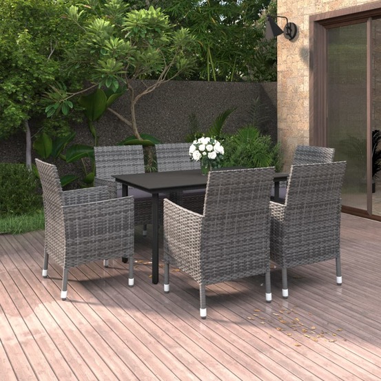 Ensemble à manger de jardin coussins 7 pcs résine tressée verre