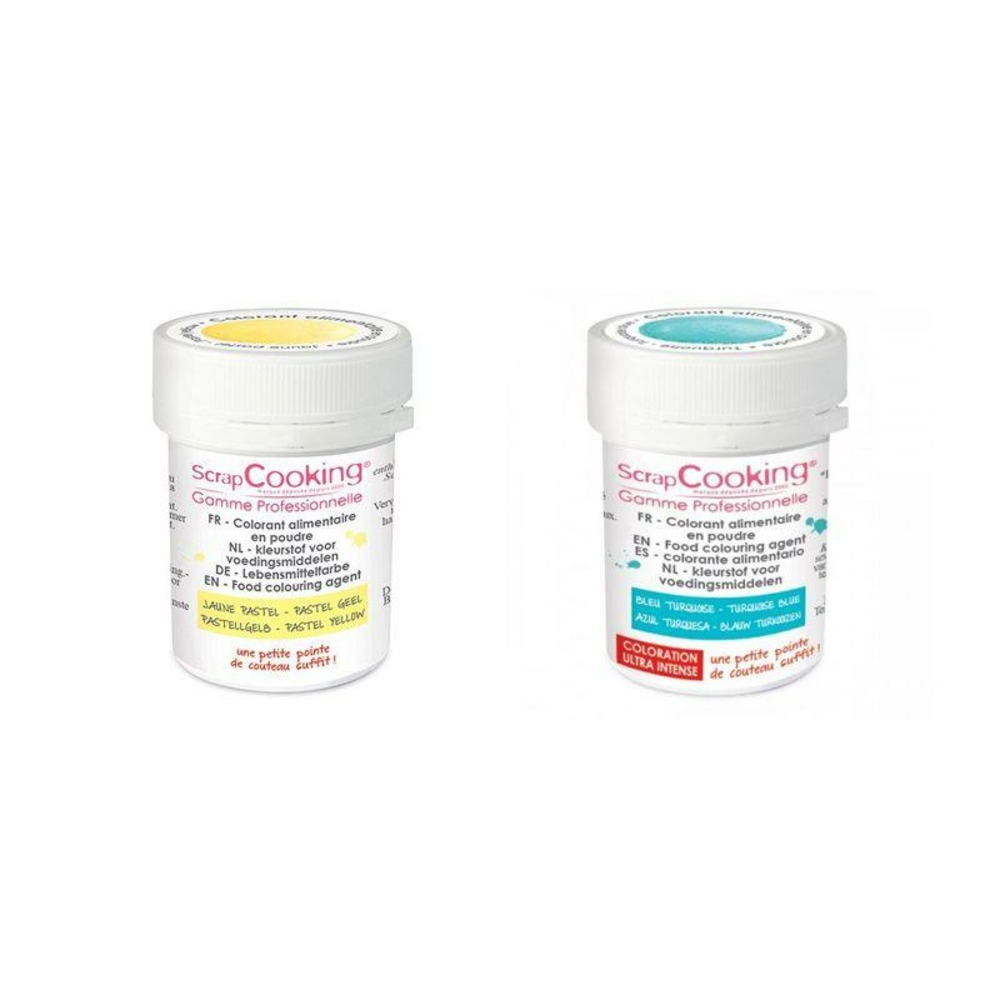 2 colorants alimentaires en poudre - turquoise-jaune pastel