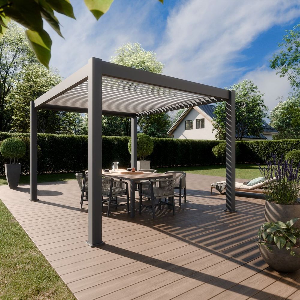 Pergola bioclimatique aluminium autoportee 12m² - 3x4m - gris - lames orientables de 0 à 120 degrés - eclipse