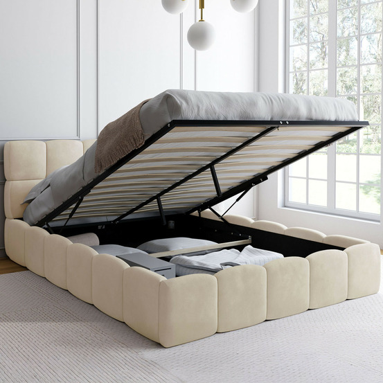 Lit coffre double nuage avec tête de lit matelassée et sommier 140 x 190 cm velours beige