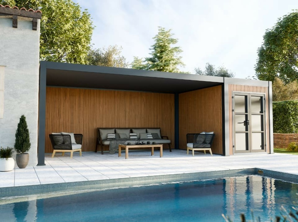 Pergola aluminium autoportée avec abri - 330 x 760 cm - azure