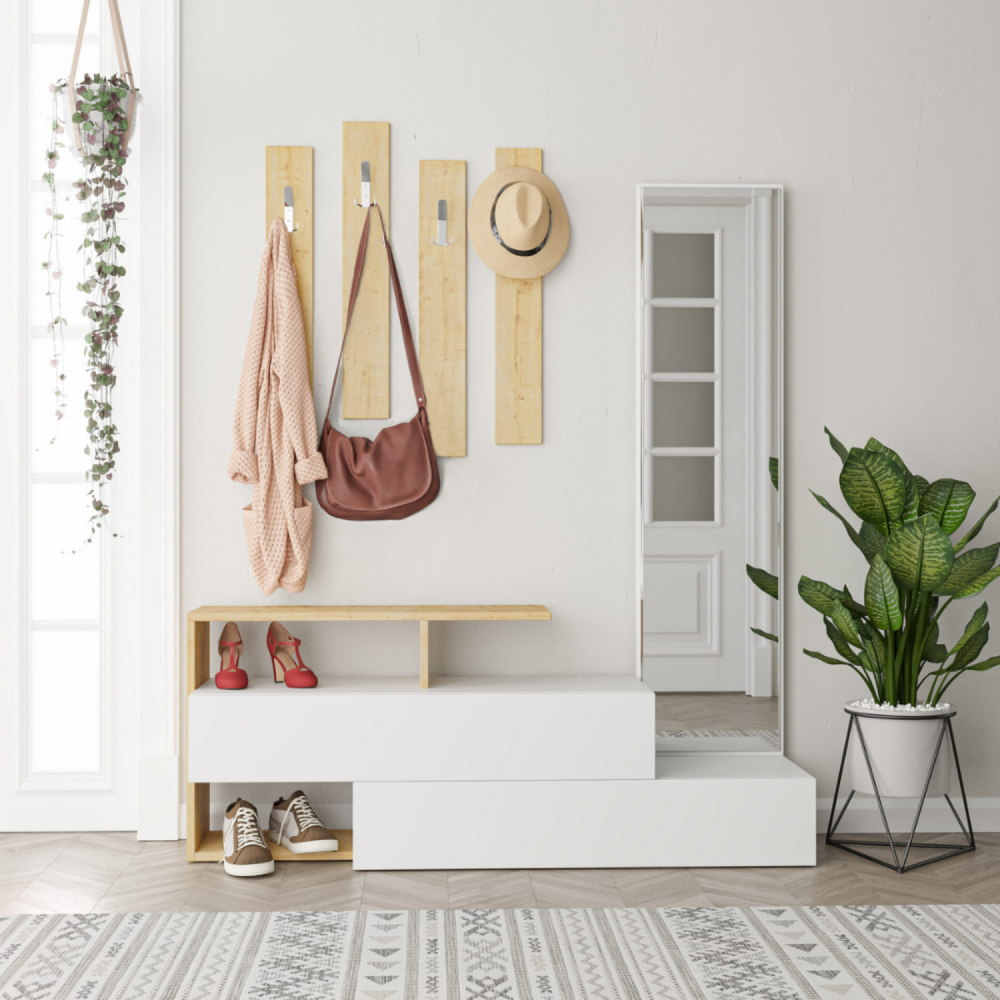 Meuble d'entrée bois-blanc et porte-manteaux ramar