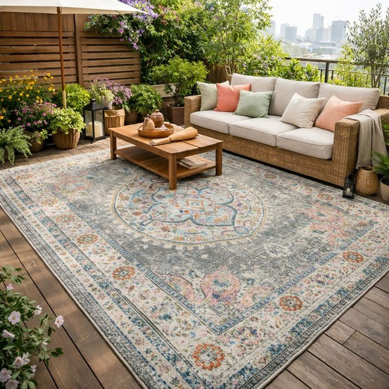 Tapis extérieur 160x230 tissé kilim gris et aleu salout a