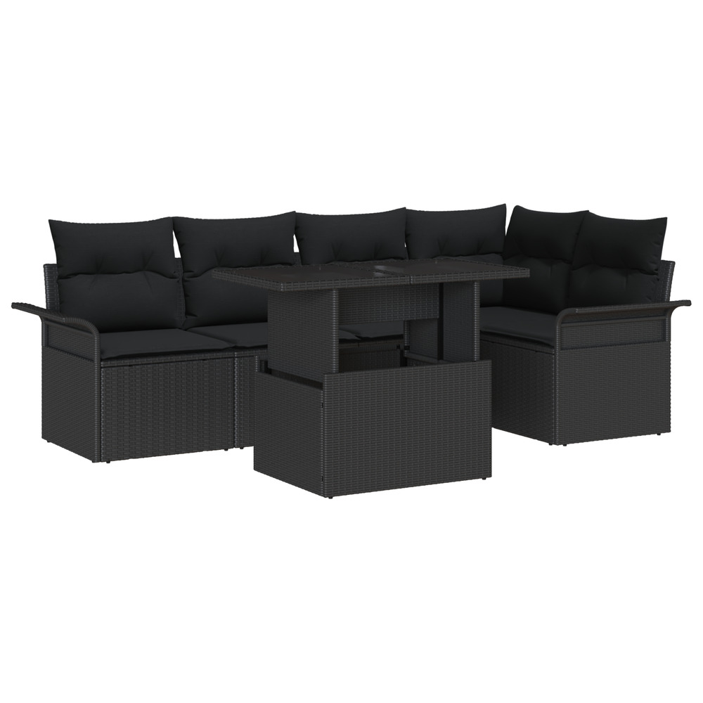 Ensemble de canapé de jardin 6 pièces avec coussins noir poly rattan