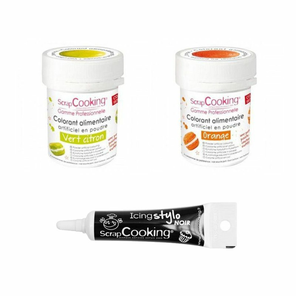 2 colorants alimentaires orange-vert citron + stylo glaçage noir