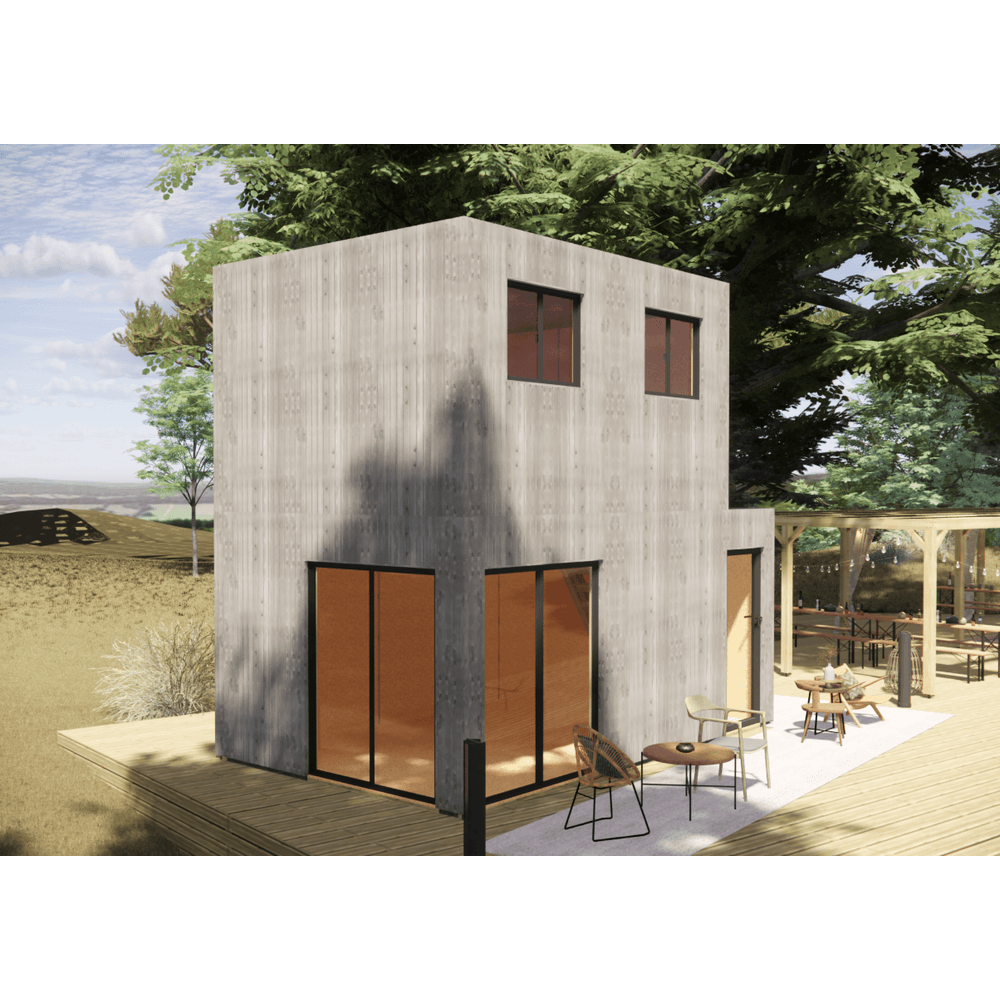 Bureau de jardin 4 saisons en bois 5,5 x 3,5 x 2,7 m / isolation re2020 avec mezzanine et terrasse